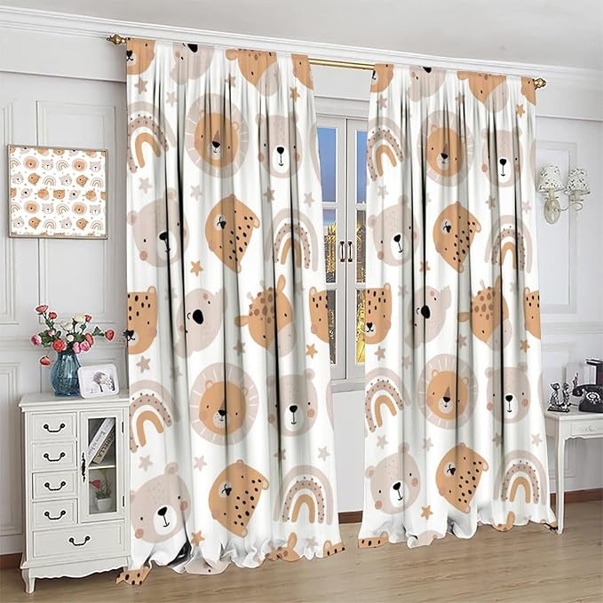 Cartoon Boho Animal Curtains,Funny Forest Safari Print,Cute African Wildlife Koala Giraffe Lion Leopard Bear Rainbow Blackout Window Drapes for Boys Girls Kids Baby Child Bedroom 42x45 Inch