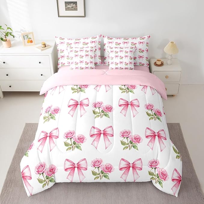 7 Pieces Pink Bowknot Kids Comforter Full,Rose Flowers Valentine's Day Romantic Bedding Set,Pink Bow Tie Knot Princess Dreamy（Comforter+Fitted+Flat Sheet+2 Pillowcases+2 Throw Pillow Covers）