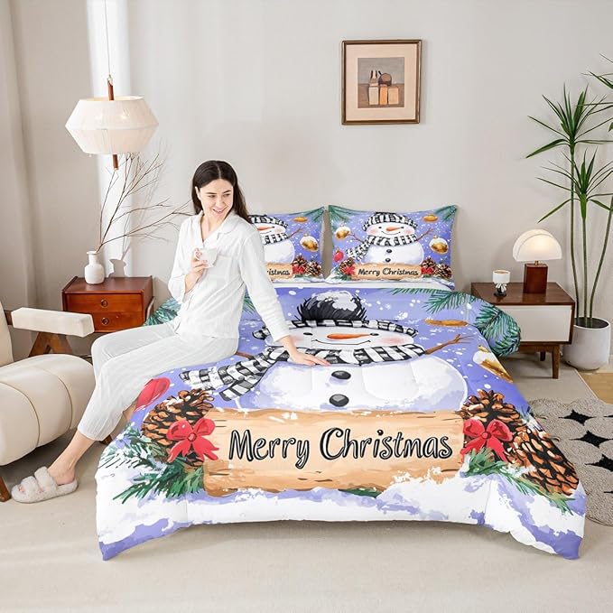 Feelyou Merry Christmas Comforter Set All Season Cute Snowman Bedding Set with 2 Pillow Cases Snowflake Microfiber Kids Queen Bedclothes Winter Bedroom Decor Duvet Quilt Breathable Soft Lightweight