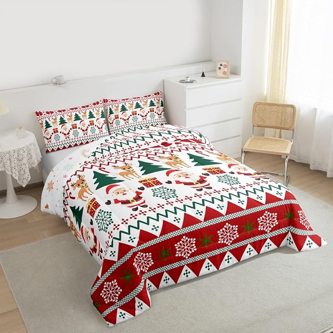 Feelyou Merry Christmas Comforter Set Toddler Size Santa Claus Bedding Set for Kids Boys Girls Cute Deer Duvet Quilt Snowflake Bedroom Decor Microfiber 2 Pcs with 1 Pillow Cases