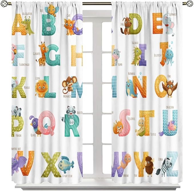 Kids Alphabet Curtains Educational Baby Cartoon Animals Colorful Cute Curtain with Rod Pocket for Nursery Living Room Home Decor Drapes Window Treatments 2 Panels Set 42x45 Inch