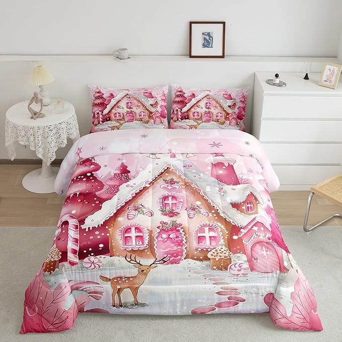 jejeloiu Kids Christmas Theme Comforter Set Queen Size Pink Xmas Candy Cane House Bedding Set for Boys Girls Teens Cute Cartoon Deer Winter Animal Happy New Year Duvet Quilt Room Decor
