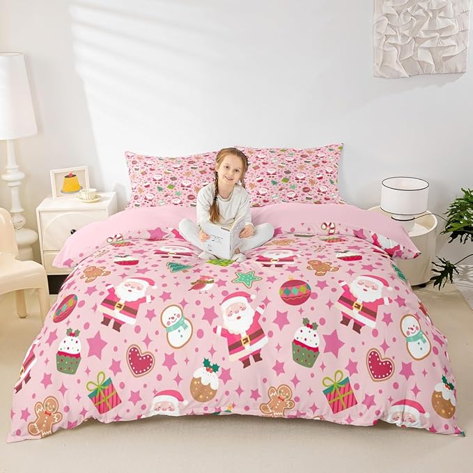 Feelyou Pink Christmas Duvet Cover Toddler Size Cartoon Santa Claus Gingerbread Man Bedding Set for Boys Girls Snowman Xmas Decor Comforter Cover Reversible Pink Bedroom Decor 2Pcs