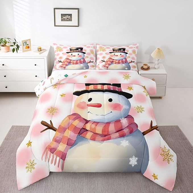 Feelyou Kids Merry Christmas Decorations Queen Size Comforter Set Xmas Snowman Bedding Set Pink Quilt Set Soft Warm Lightweight Duvet Set