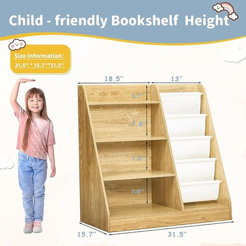 4-Tier Kids Wooden Bookshelf and Toy Storage, 4 Layer Sling Children Bookcase, Book Display Shelf for Kids Bedroom, Playroom, Nursery, Classroom