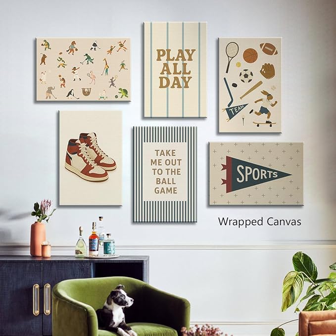 Sports Posters for Boys Bedroom, Boy Nursery Canvas Wall Art, Cute Animal Athletes & Sports Equipment Pictures, Charming Quotes Take Me Out To The Ball Game Play All Day Print 12x16in Wrapped Canvas
