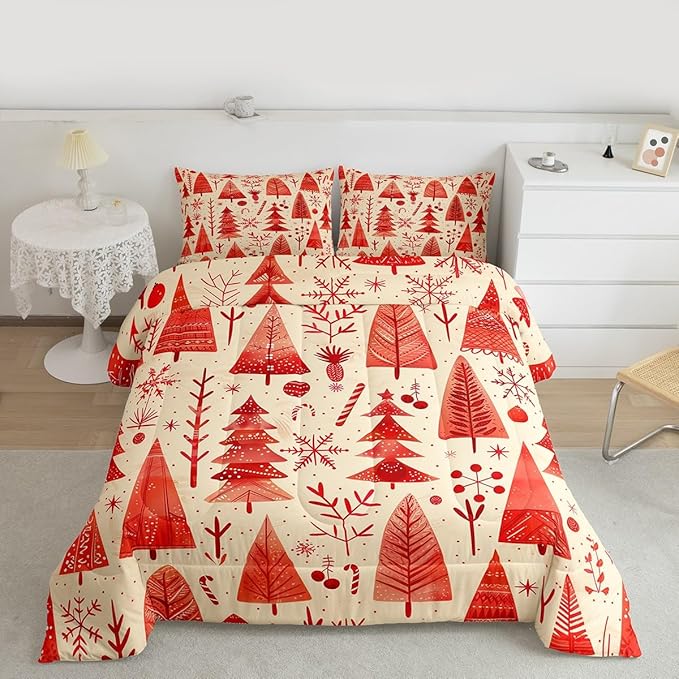Feelyou Christmas Bedding Set Soft for Boys Girls, Xmas Tree Comforter Set Toddler Size Snowflake Candy Duvet Quilt Microfiber Pine Tree Bedroom Decor 2 Pcs with 1 Pillow Cases