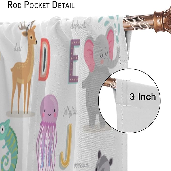 Kids Alphabet Curtains Cute Cartoon Animal Funny Educational Learning Curtain with Rod Pocket for Nursery Bedroom Playroom Home Decor Drapes Window Treatments 2 Panels Set 72" W X 63" L