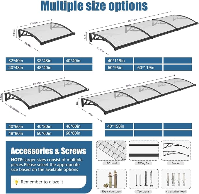40''*40'' Window and Door Exterior, UV/Rain/Snow/Sunlight Protection Sheet,UPF 50+ Polycarbonate Overhang Canopy,House Overdoor Awnings for Door Entrance Outside/Patio/Porch/Deck