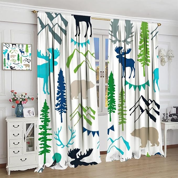 Forest Woodland Curtains, Wild Nature Bear Moose Deer Pine Trees Mountain Cabin Lodge Blackout Rod Pocket Windows Door Curtain for Bedroom Living Room Home Decor 84x84in