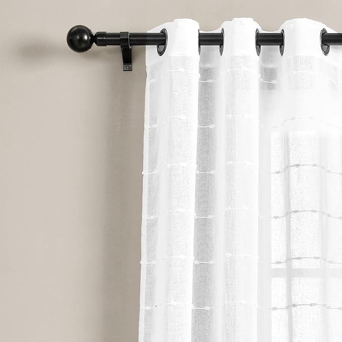 Lush Decor Farmhouse Textured Grommet Sheer Window Curtain Panel Pair, 38"W x 108"L, Bleach White