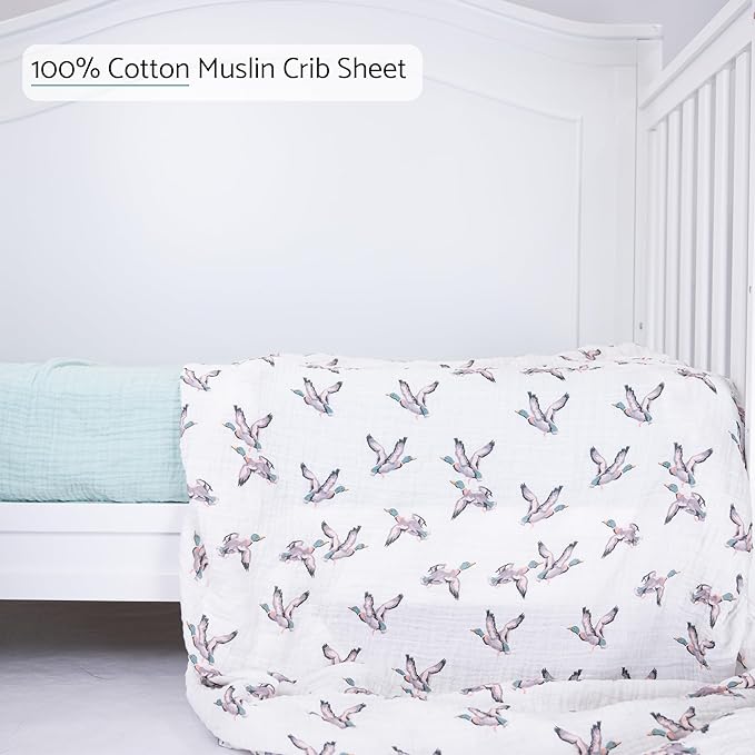 LollyBanks Muslin Crib Sheet 1 Pack, 100% Cotton Soft and Breathable Fitted Crib Sheet for Boys and Girls, Cozy and Snug Neutral Baby Sheets for Standard 52 x 28 inches Mattress (Mallard Duck Print)