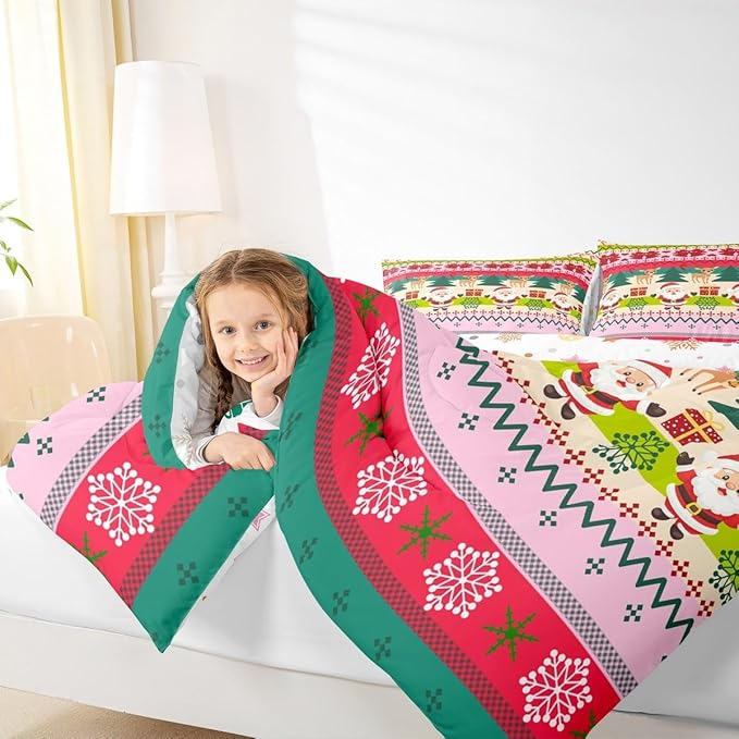 Feelyou Merry Christmas Comforter Set Queen Size Santa Claus Bedding Set for Kids Boys Girls Cute Deer Duvet Quilt Snowflake Bedroom Decor Microfiber 3 Pcs with 2 Pillow Cases