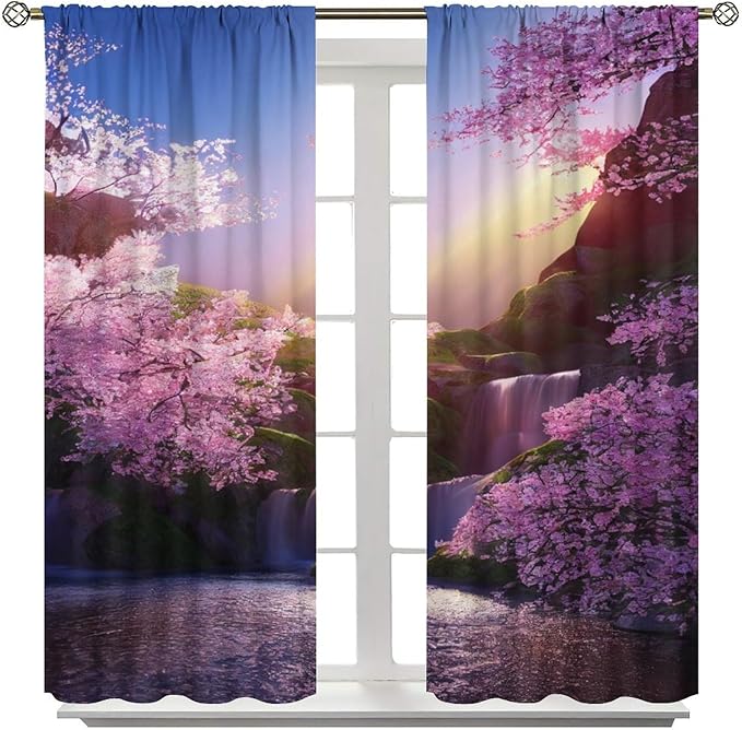 Landscape Waterfall Blackout Curtains, Watercolor Blossom Cherry Flower Forest Pattern Rod Pocket Window Drapes, for Bedroom Living Room 42" W X 45" L