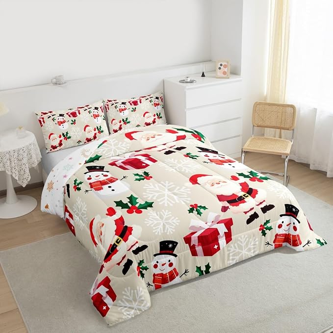 jejeloiu Merry Christmas Comforter Set Twin Size Xmas Santa Claus Bedding Set for Kids Boys Girls Cute Snowman Duvet Quilt Beige Bedroom Decor