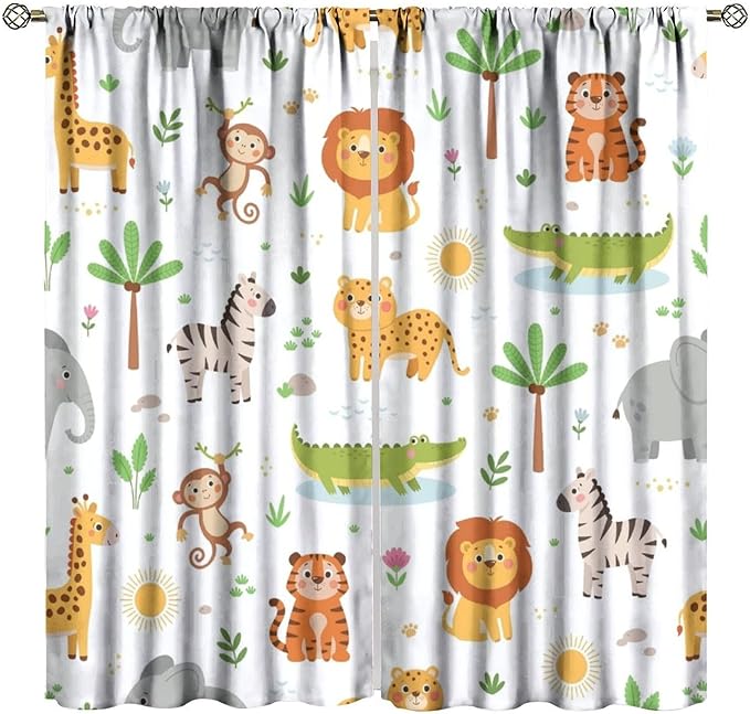Cartoon Animal Curtains, Safari Woodland Jungle Forest Wildlife Blackout Window Treatments, Rod Pocket Thermal Insulated Drapes 2 Panel Sets for Kids Bedroom Nursery Classroom, 42" W X 54" L