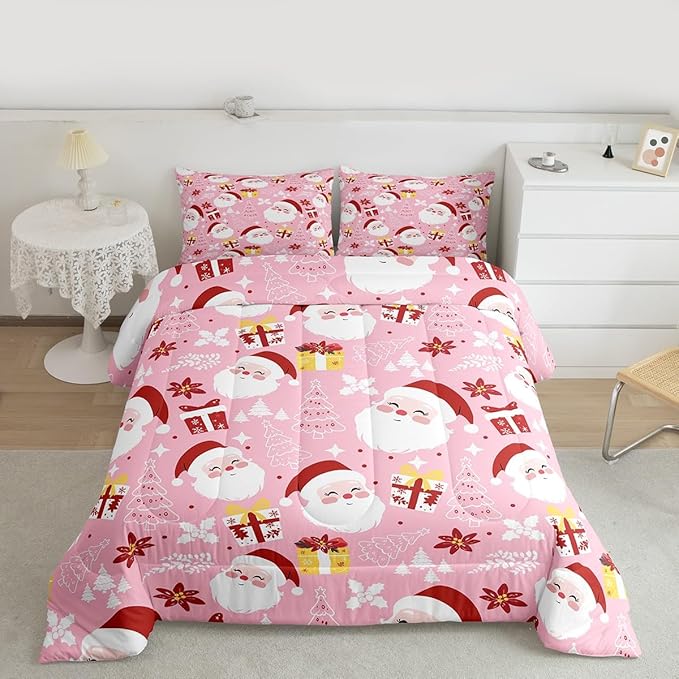 jejeloiu Santa Claus Comforter Set Queen Size Merry Christmas Bedding Set for Kids Boys Girls Xmas Themed Duvet Quilt Pink Bedroom Decor