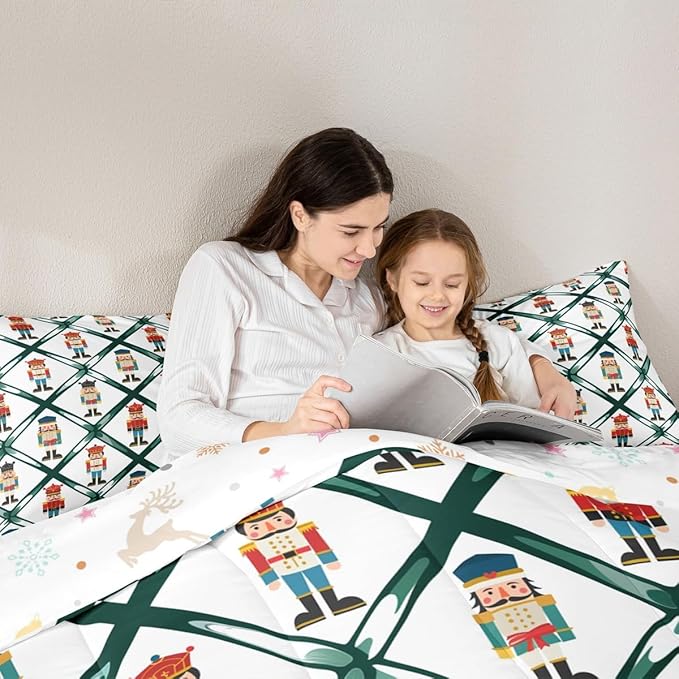 Feelyou Cute Nutcracker Bedding Set Soft for Boys Girls,Green Lattice Pattern Comforter Set Twin Size Colorful Duvet Quilt Microfiber Funny Soldier Bedroom Decor Kawaii 2 Pcs with 1 Pillow Cases