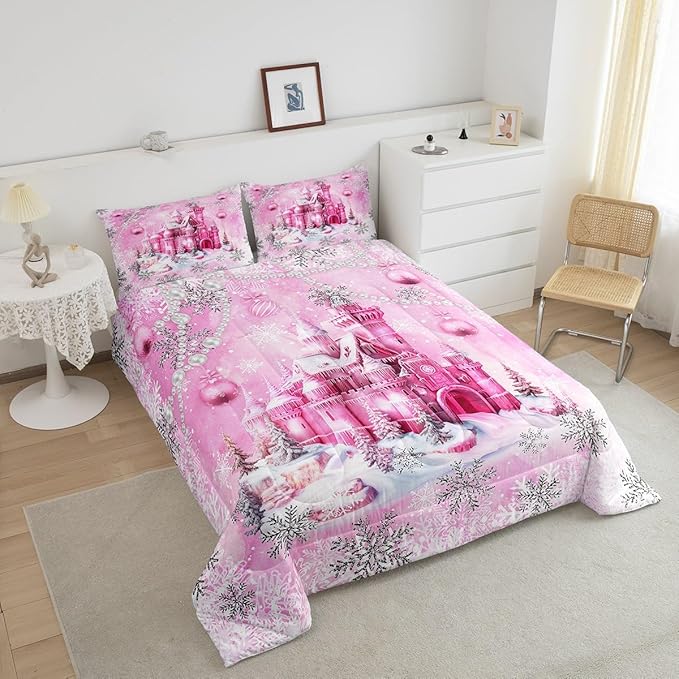 Pink Castle Comforter Set Queen Size,Cartoon Fairy Tale Theme Watercolor Bedding Set for Women Adult,Christmas Winter Silver Snowflakes Luxury Bed Duvet Insert, 2 Pillowcases