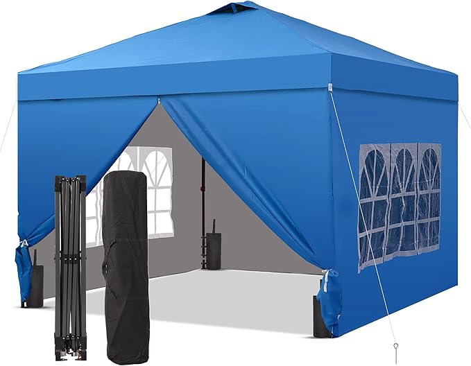 GDY 10x10 Pop Up Canopy Tent with 4 Sidewalls, Easy Set up with One Push Lift Outdoor Silver Coated Beach Gazebos, Carpas with 4 Sandbags, for Pool, Events, Parties, and Camping, Blue.