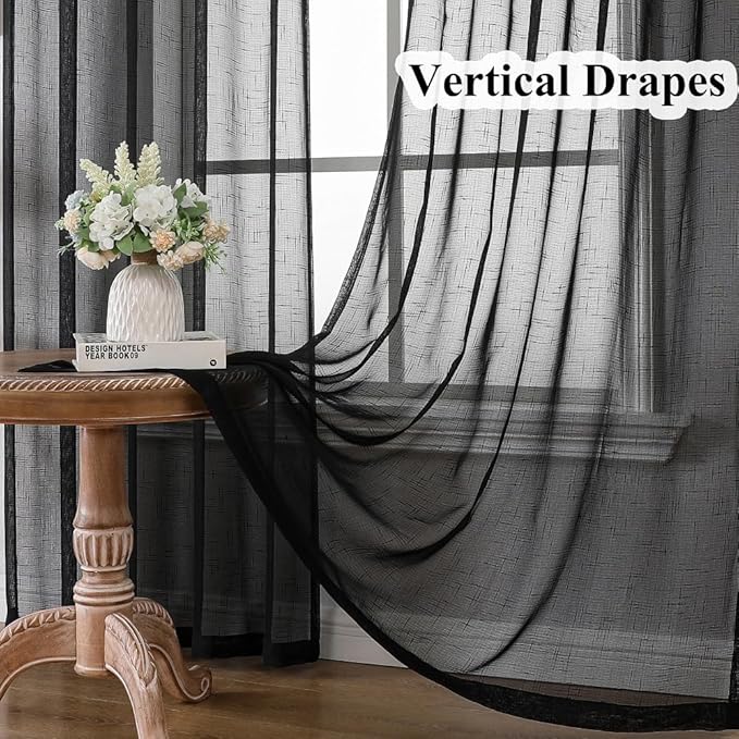 Black Linen Look Pinch Pleated Sheer Curtains 90 Inches Long 2 Panels, 50 Inches Width, Rustic Textured Light Filtering Drapes, Dark Moody Window Curtain with Hooks