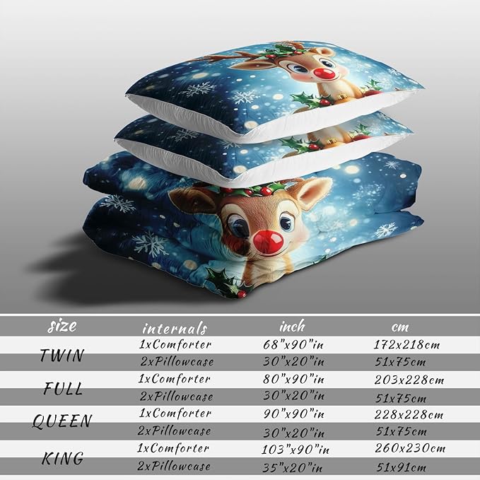 Raphus cucullatus Christmas Bedding King,Reindeer Christmas Decor Comforter Set,Holiday Bedding Winter Quilt,Snowflake Navidad Comforter Set King,Cute red Nose Reindeer Quilt
