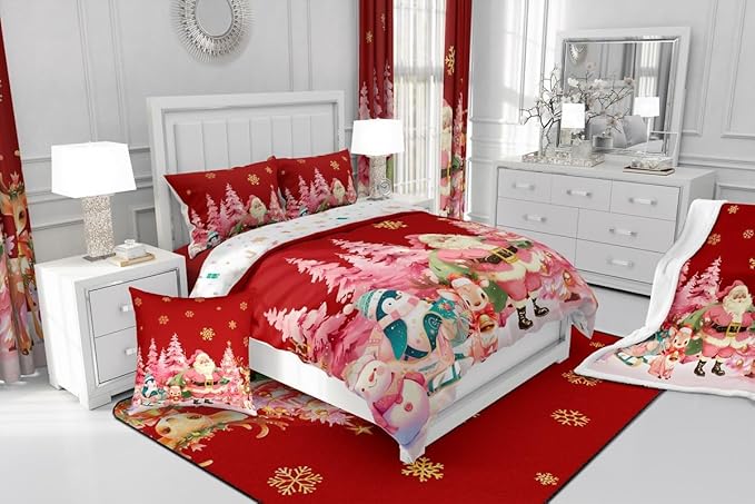 jejeloiu Merry Christmas Comforter Set Twin Size Santa Claus Bedding Set for Kids Boys Girls Cute Deer Duvet Quilt Red Bedroom Decor