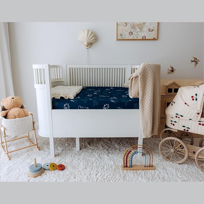 Dreamology Mini Crib Sheets, Pack and Play Sheets Fitted, 100% Cotton Mini Crib Sheets, Boy, Girl, Pack n Play Sheet, Crib Mattress Sheets, 24x38 Crib Sheets | Dino, Denim Blue