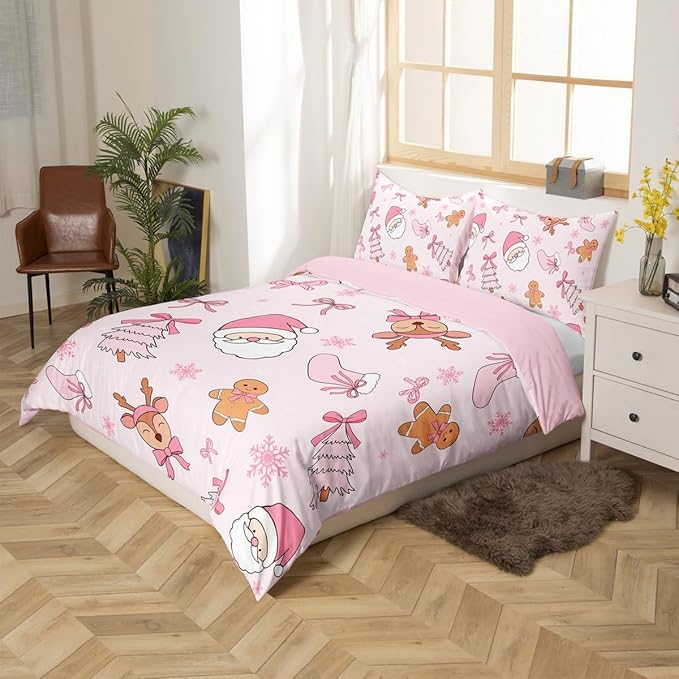 Kids Pink Christmas Bedding Set Toddler Size Merry Christmas Snowman Duvet Cover for Boys Girls Teens Bedroom Decor Santa Claus Comforter Cover Soft Microfiber Xmas Tree Deer With 1 Pillow Case