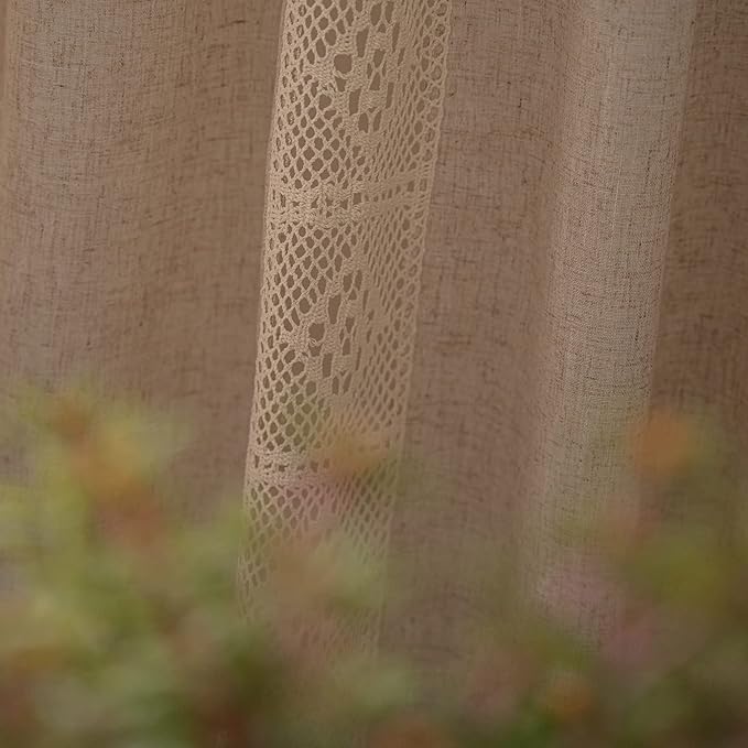 ENJOYBRIDAL Beige Curtains Crochet Lace Patchwork Drapes Curtains 96 Inch Length 2 Panels Tassel Rod Pocket Semi-Sheer Boho Bedroom Living Room Farmhouse Rustic Window Curtain Panels