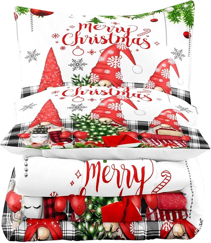 LUVIVIHOME 3PCS Christmas Comforter Set King Size, Funny Cute Gnome Bedding, Black & White Plaid Snowflake Xmas Merry Christmas Bedroom Decor for Kids Girls Boys Teens White Quilt, 2 Pillow Cases