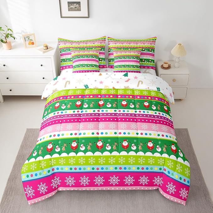 Christmas Bed Set Snowman Christmas Reindeer Print Comforter Set with Sheets Xmas Santa Claus Bed in a Bag for Kids Girls New Year Theme Bedding Set Bedding Full Size
