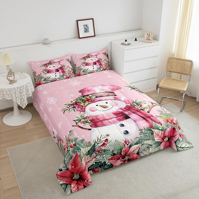Manfei Xmas Snowman Comforter Set Twin Size, Leaves Flower Snowflake Down Comforter with 1 Pillowcase, Christmas Pink Bedding Set 2pcs for Kids Boys Girls Room Decor Lightweight Duvet Insert