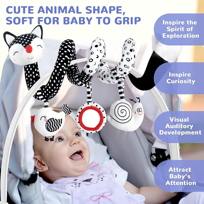 XIXILAND Baby Spiral Plush Toys, Black and White Baby Car Seat Toys, High Contrast Infant Newborn Toy 0-6 Months for Stroller Crib Mobile, Sensory Toy Best Gift for 0 3 6 9 12 Months Boys Girls
