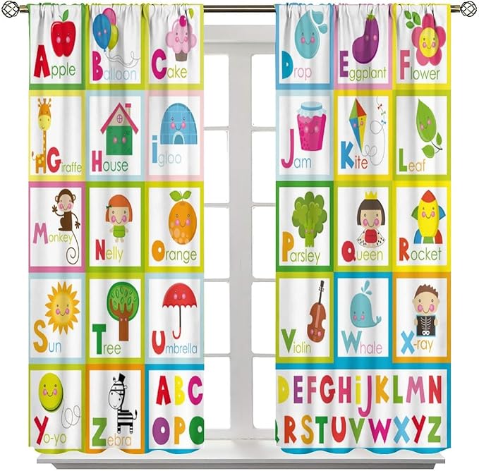 Kids Alphabet Curtains Cute Cartoon Education Learning Funny Teaching Words Curtain with Rod Pocket for Bedroom Nursery Home Decor Drapes Window Treatments 2 Panels Set 63" W X 63" L