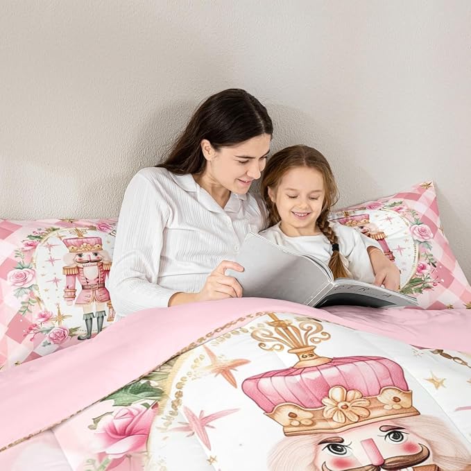 Feelyou Christmas Comforter Set Queen Size Pink Nutcrackers Bedding Set for Kids Boys Girls Floral Duvet Quilt Funny Nutcracker Bedroom Decor Rose Microfiber 3 Pcs with 2 Pillow Cases