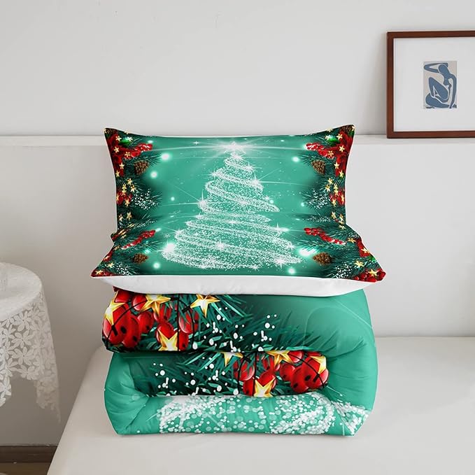 Feelyou Merry Christmas Comforter Set, Kids Santa Tree Glitter Bedding Comforter Twin Size for Boys Girls Xmas Christmas Bell Decor,1 Comforter + 1 Pillow Case Boys