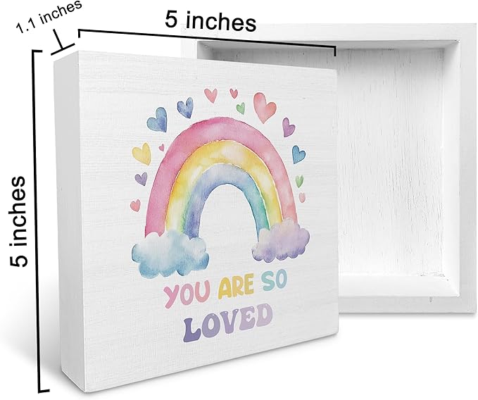 Ku-Dayi Boho Rainbow Wooden Box Sign, Inspirational Wood Box Decorative Accessories for Girls Kids Nursery Bedroom Room Playroom, You Are So Loved Wooden Block Plaque Desk Shelf Decor 5x5 Inch