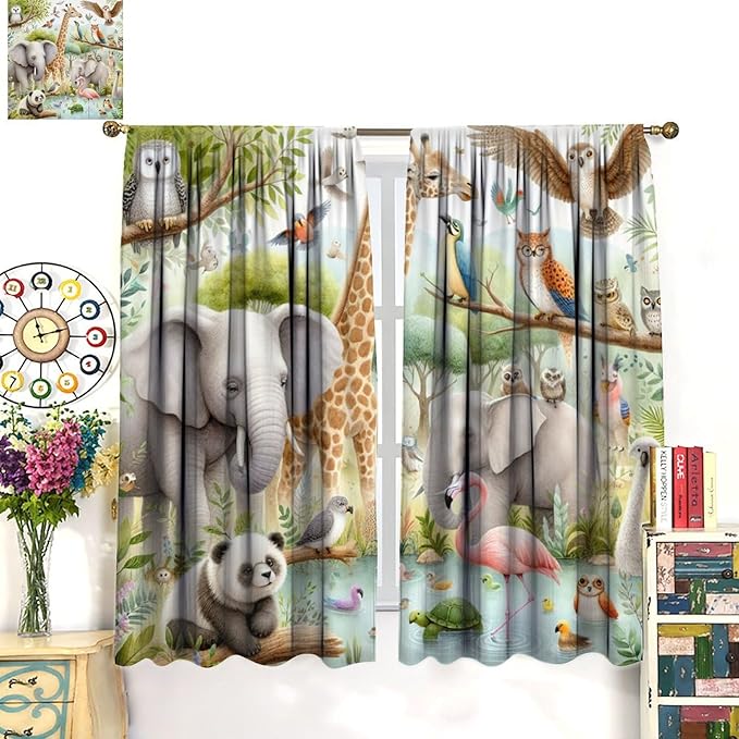 Kids Animals Curtain Cartoon Western Wildlife Flamingo Elephant Giraffe Window Treatment for Baby Children Bedroom Living Room 42" W X 54" L