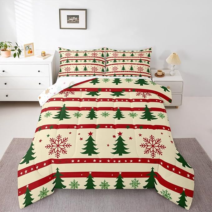 Feelyou Christmas Bedding Set Soft for Boys Girls, Xmas Tree Comforter Set Toddler Size Snowflake Star Duvet Quilt Microfiber New Year Theme Bedroom Decor 2 Pcs with 1 Pillow Cases