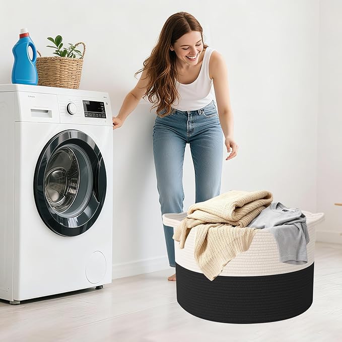 Large Blanket Basket for Organizing,115L Closet Organizers and Storage Bins Box for Shelves Woven Rope Storage Baskets,Living Room,Bedroom,Dorm,Laundry room (White&Black)