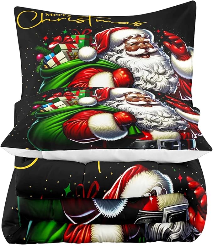 LUVIVIHOME 3PCS Merry Christmas Comforter Set Full Size, African American Black Santa Claus Bedding, Winter Xmas Funny Christmas Bedroom Decor for Kids Boys Girls Teens, Xmas Gifts, 2 Pillow Shams