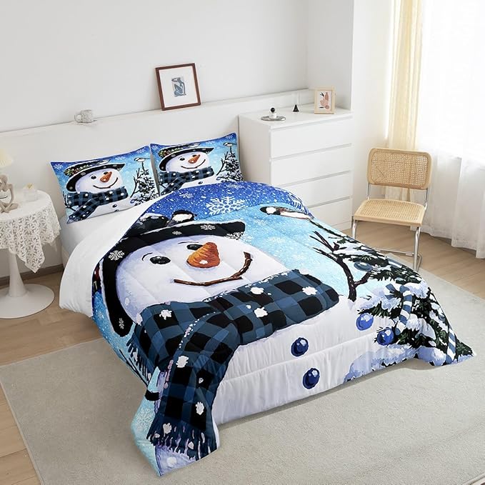 Feelyou Kids Christmas Theme Decorations Bedding Set Xmas Snowman Comforter Set for Boys Girls Snowflake Kawaii Cute Gradient Blue Bedroom Collection Twin Size