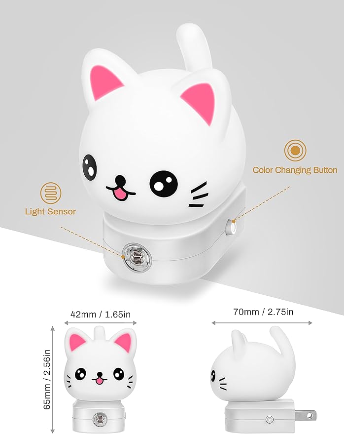 DORESshop Cat Night Lights Plug Into Wall, Cute Night Light for Kids, 8-Color RGB LED Night Light with Dusk to Dawn Sensor, Nightlight for Kids Room, Bathroom, Bedroom Décor, Children Christmas Gift