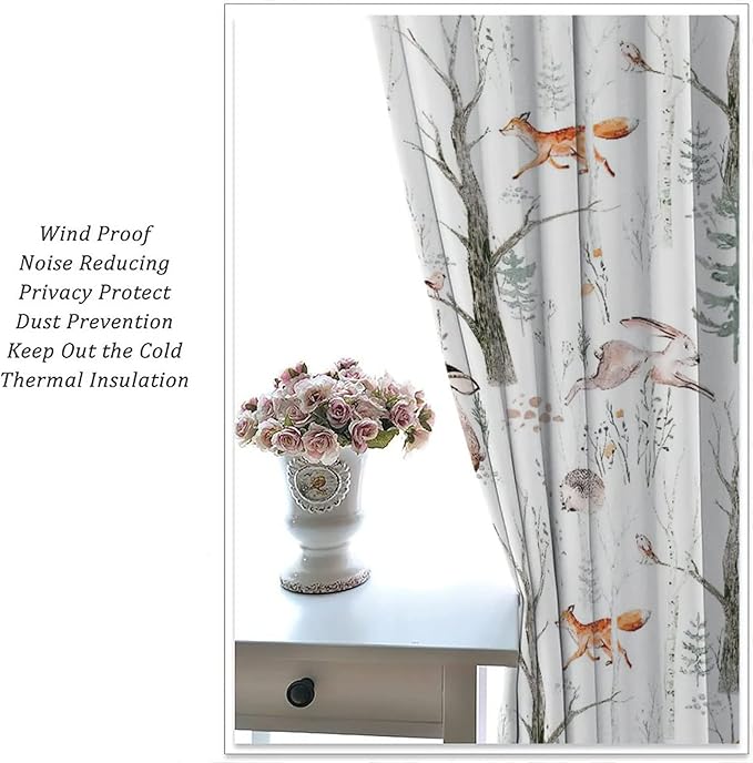 Rustic Forest Window Curtains, Watercolor Woodland Animals Owl Hedgehog Fox Butterfly Forest Squirrel and Bear Blackout Windows Door Curtain for Bedroom Living Room Home Decor 42x54in