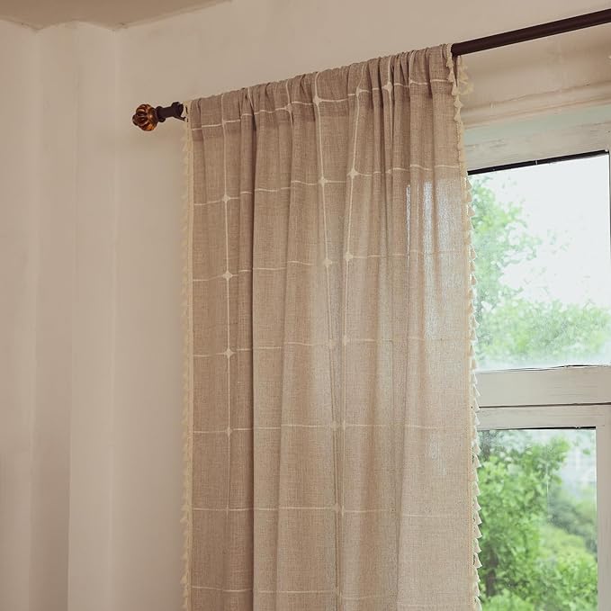 Deeprove Boho Curtains 63 Inches Length for Kitchen, Bohemian Lattice Gingham Chic Textured Embroidery Plaids, Vintage Tassels Country Decor Drapery, Rod Pocket, 1 Panel W52 x L63, Natural Linen