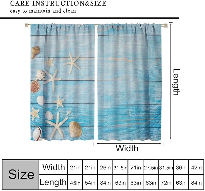 Beach Shell Curtains, Shell Starfish Modern Style, White Print, 42x44 Inch, Blackout, Noise Reducing, Bedroom, Bathroom
