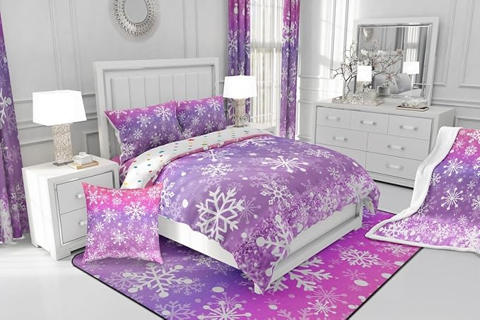 Feelyou Christmas Comforter Set All Season Pink Purple Bedding Set with 2 Pillow Cases Winter Snowflake Microfiber Kids Full Bedclothes New Year Holiday Bedroom Decor Duvet Quilt Soft Lightweight