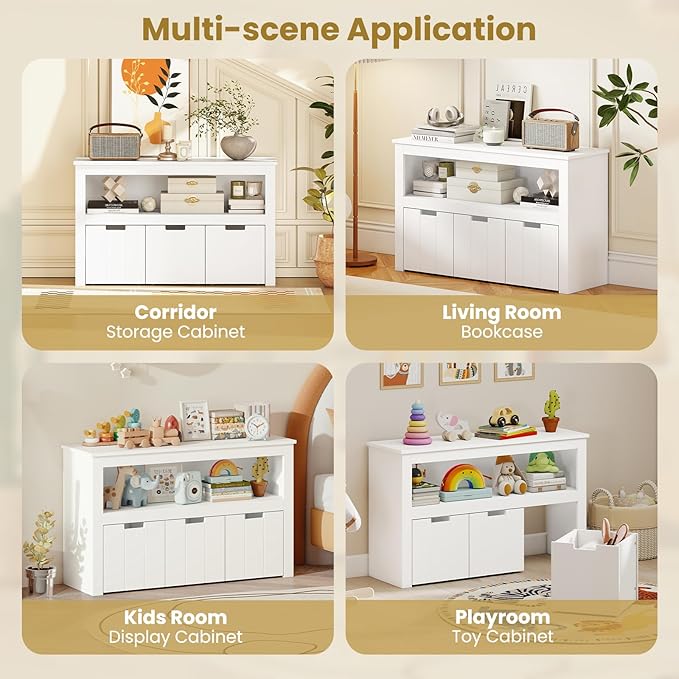 Costzon Toy Storage Organizer w/Drawers, Wooden Toy Shelf with 3 Removable Drawers, Rolling Wheels & Large Open Shelf, 2 Shelf Toy Cupborad for Kids Room, Playroom, Kindergarten, Nursery (White)