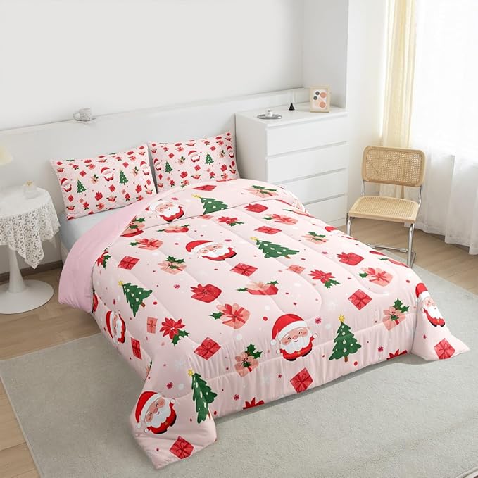 Feelyou Christmas Decor Bedding Set Soft for Boys Girls, Santa Claus Comforter Set King Size Xmas Duvet Quilt Microfiber Christmas Decor Bedroom Decor 3 Pcs with 2 Pillow Cases